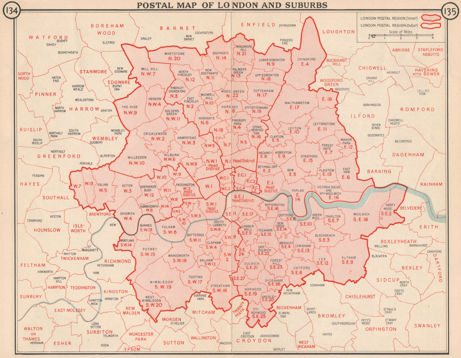 Postal map of London and Suburbs. Postcodes. Postal regions. Zipcodes 1953