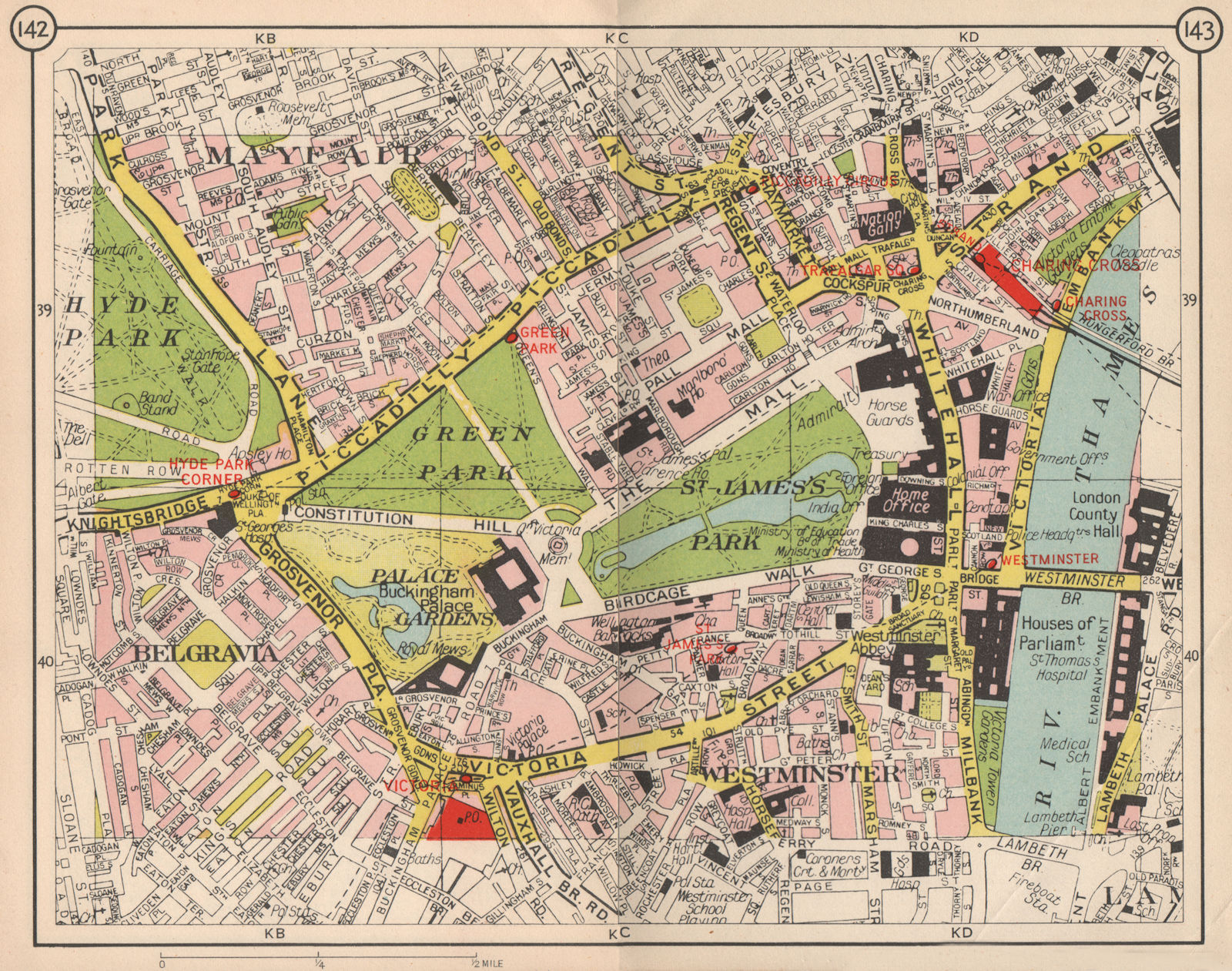 Associate Product LONDON Westminster Mayfair St James's Belgravia Victoria Covent Garden 1953 map