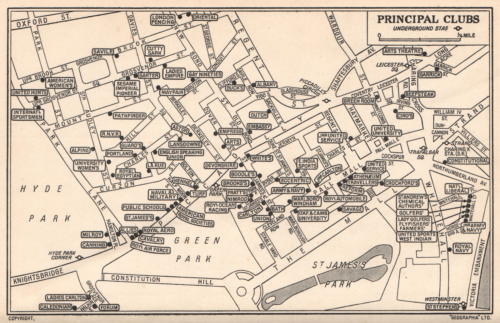 LONDON GENTLEMENS' & LADIES CLUBS. St James's Mayfair Whitehall 1953 old map