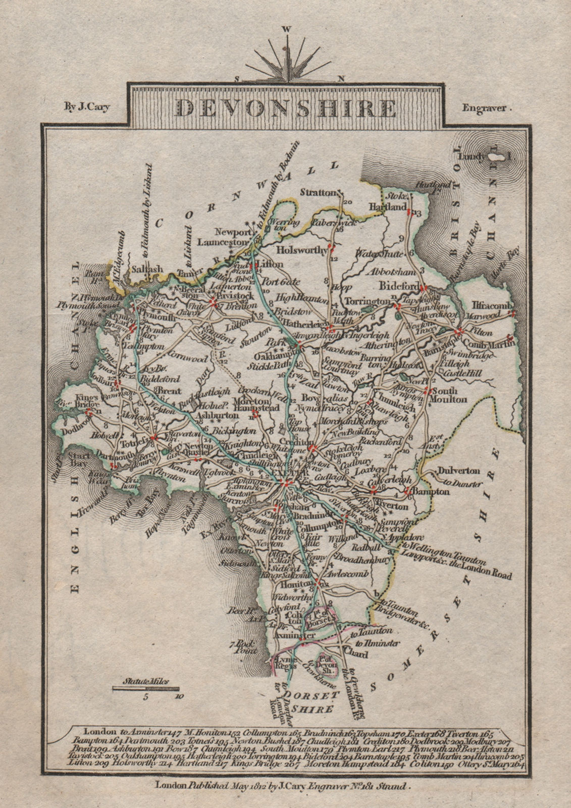 DEVONSHIRE by John CARY. Miniature antique county map. Original colour 1812