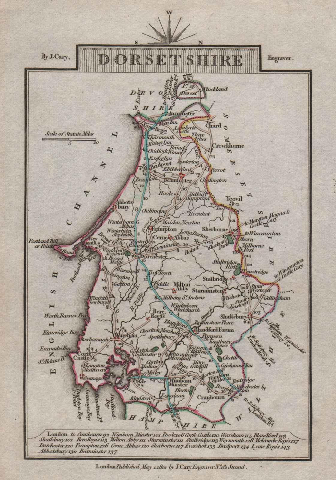 DORSETSHIRE by John CARY. Miniature antique county map. Original colour 1812