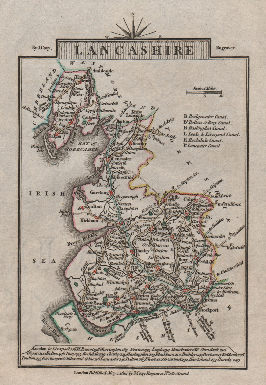 LANCASHIRE by John CARY. Miniature antique county map. Original colour 1812
