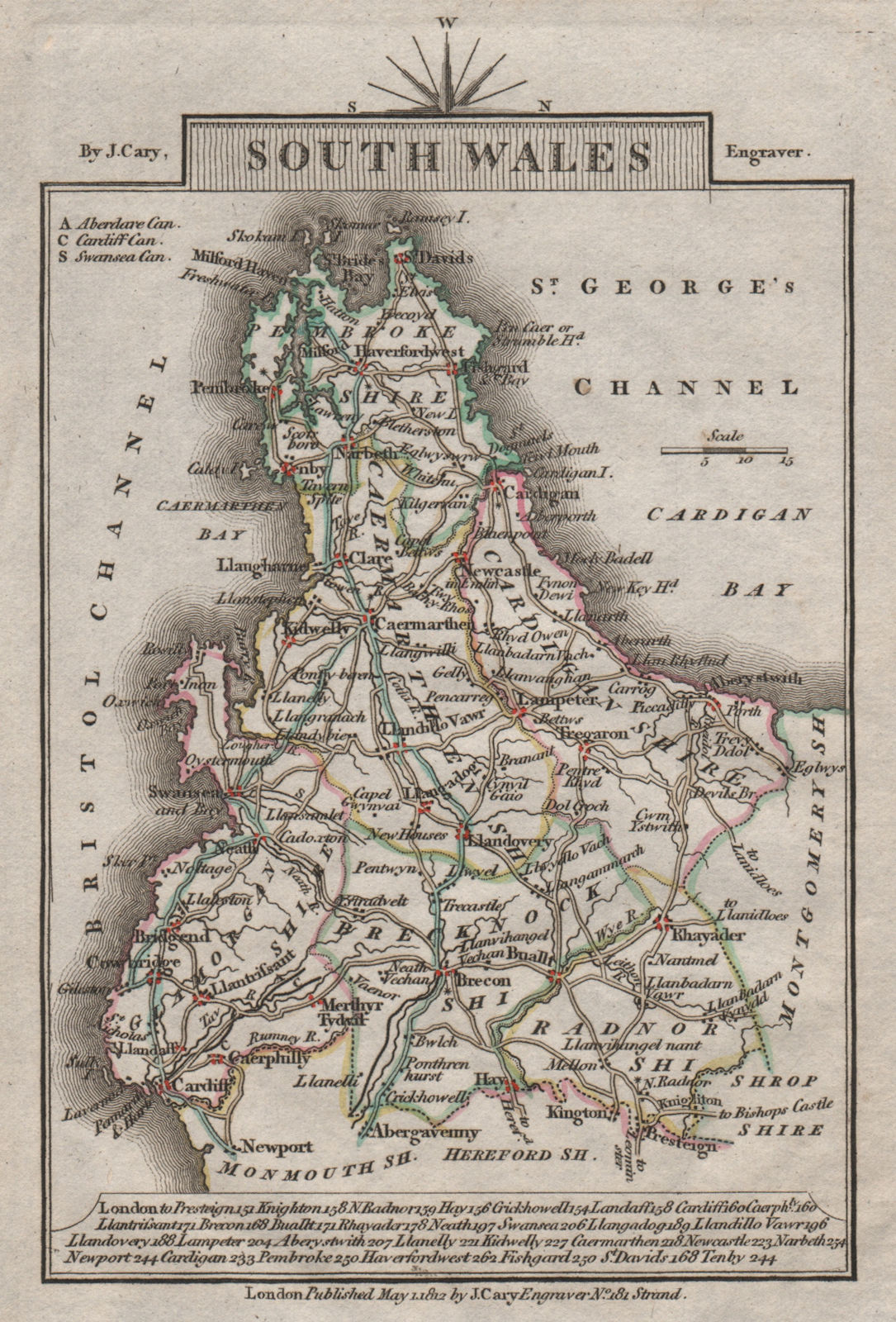 SOUTH WALES by John CARY. Miniature antique map. Original colour 1812 old