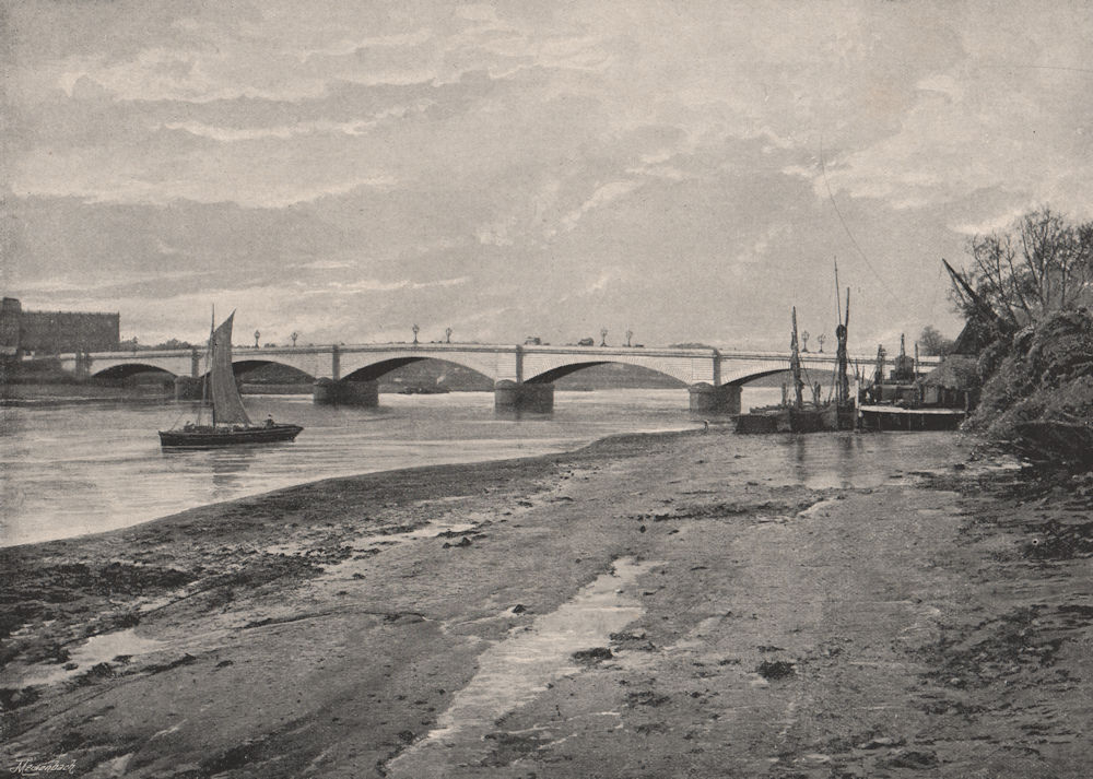 Putney Bridge, from the Middlesex Bank. London 1896 old antique print picture