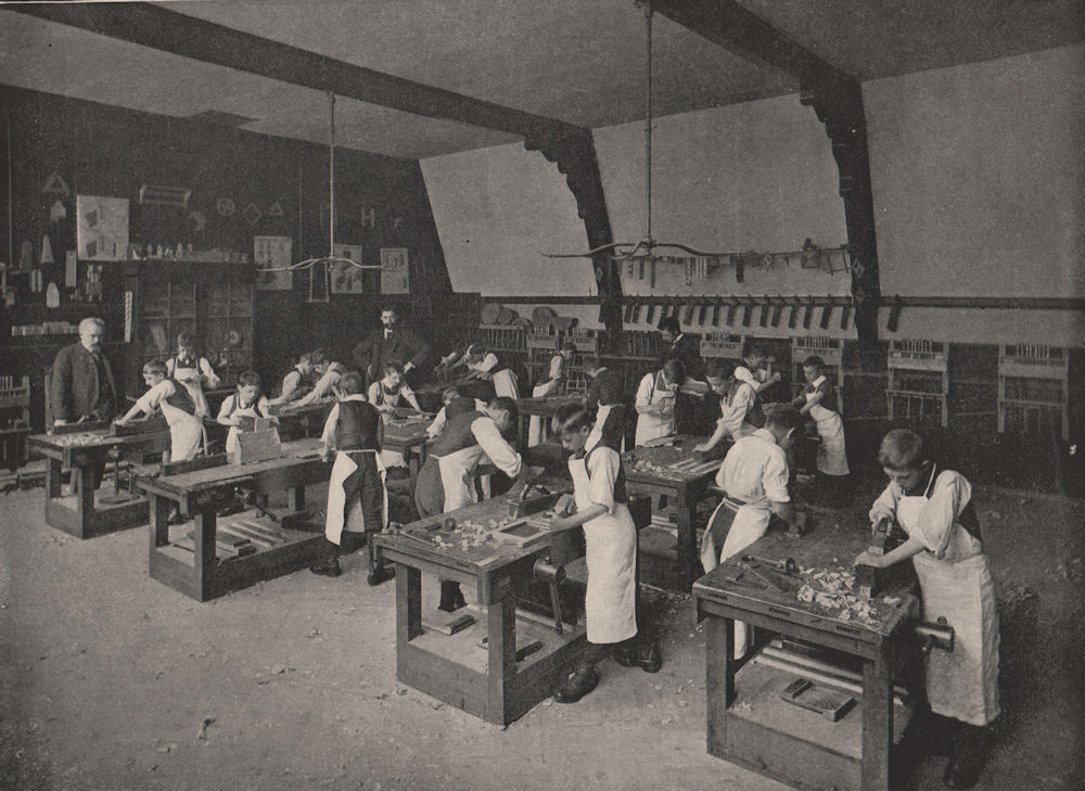 A board school carpentry class. London. Education 1896 old antique print