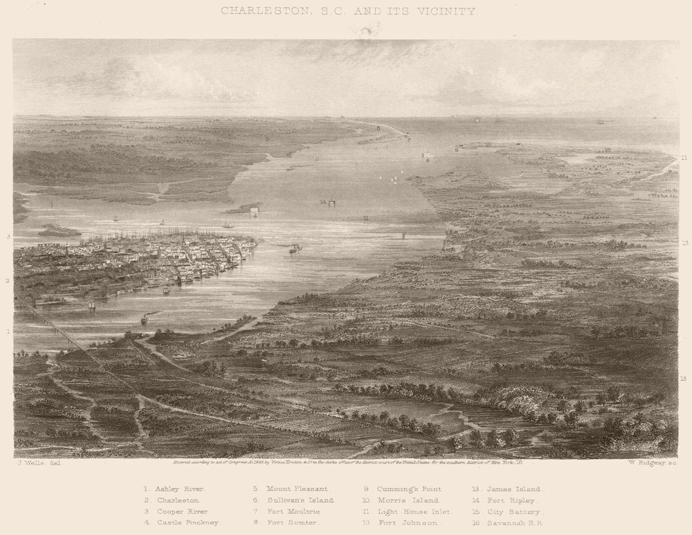 AMERICAN CIVIL WAR. Charleston, South Carolina & vicinity 1864 old print