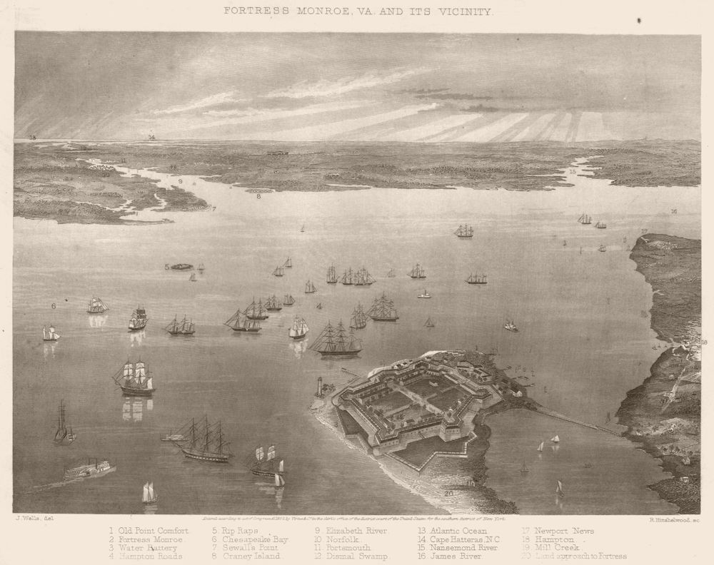 AMERICAN CIVIL WAR. Fortress Monroe and Vicinity. Virginia 1864 old print