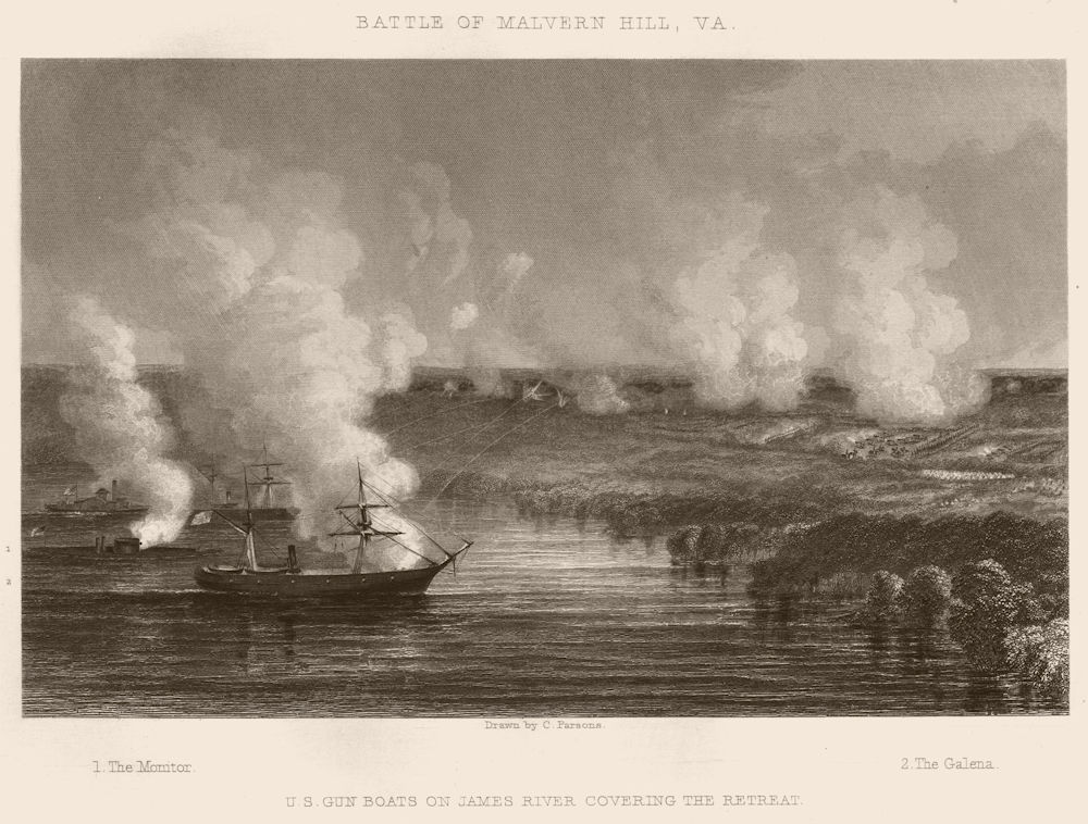 US CIVIL WAR. Battle of Malvern Hill, Virginia.Gunboats James River retreat 1864