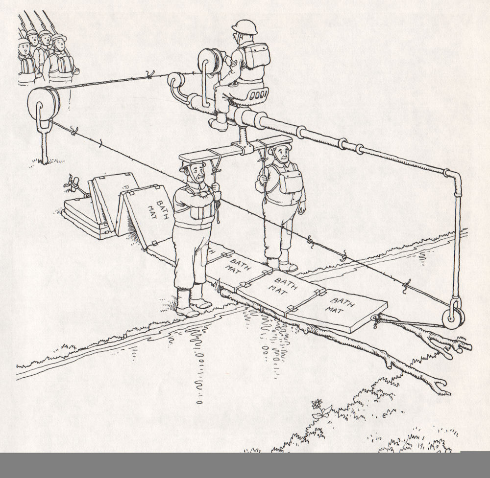 Associate Product HEATH ROBINSON. Cork mat method of crossing streams. Second World War 1973