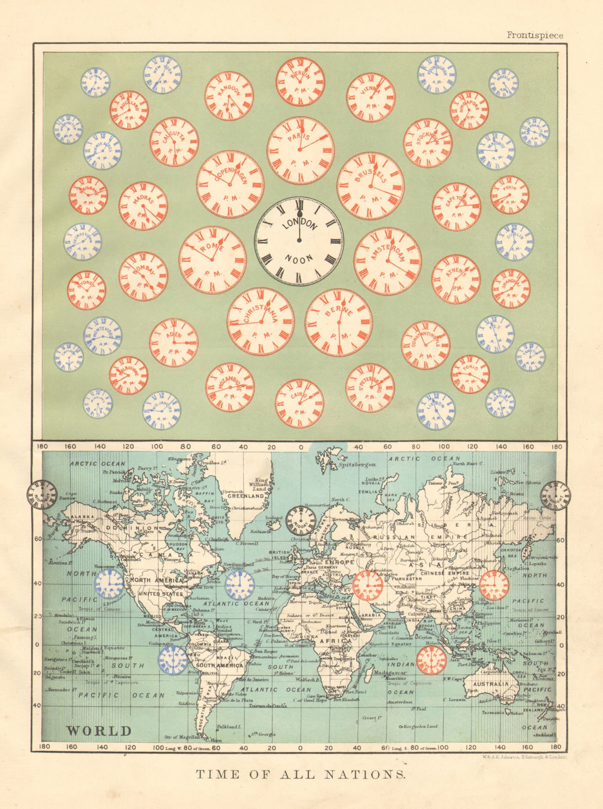 TIME OF ALL NATIONS. predates UTC/standard hourly time zones.JOHNSTON 1897 map