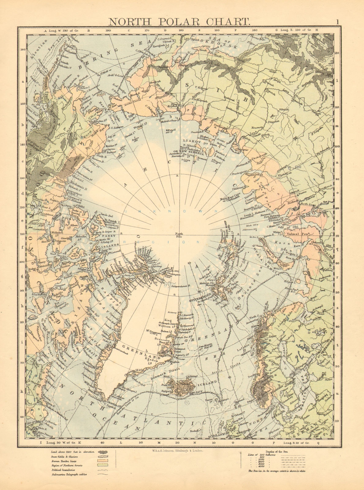 Associate Product NORTH POLAR CHART. Shows explorers' routes. Perry 1827. JOHNSTON 1897 old map