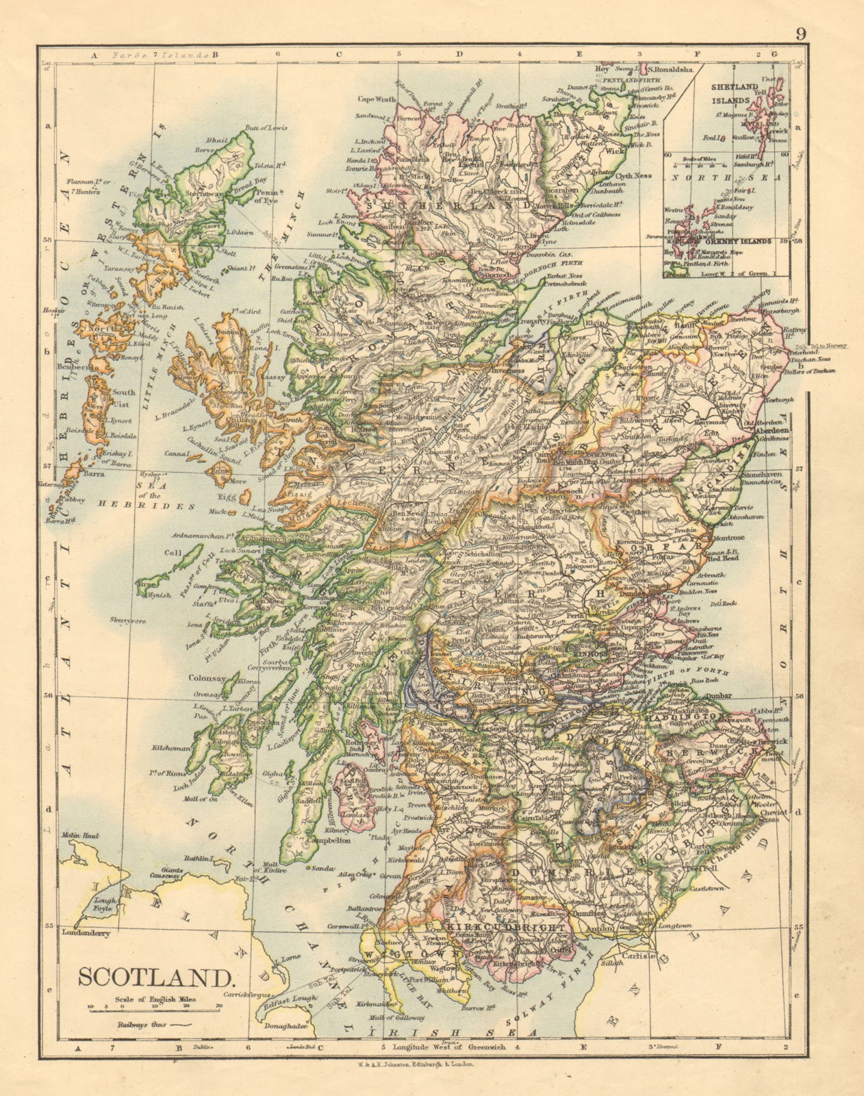 Associate Product SCOTLAND. Counties. Undersea telegraph cables. JOHNSTON 1897 old antique map