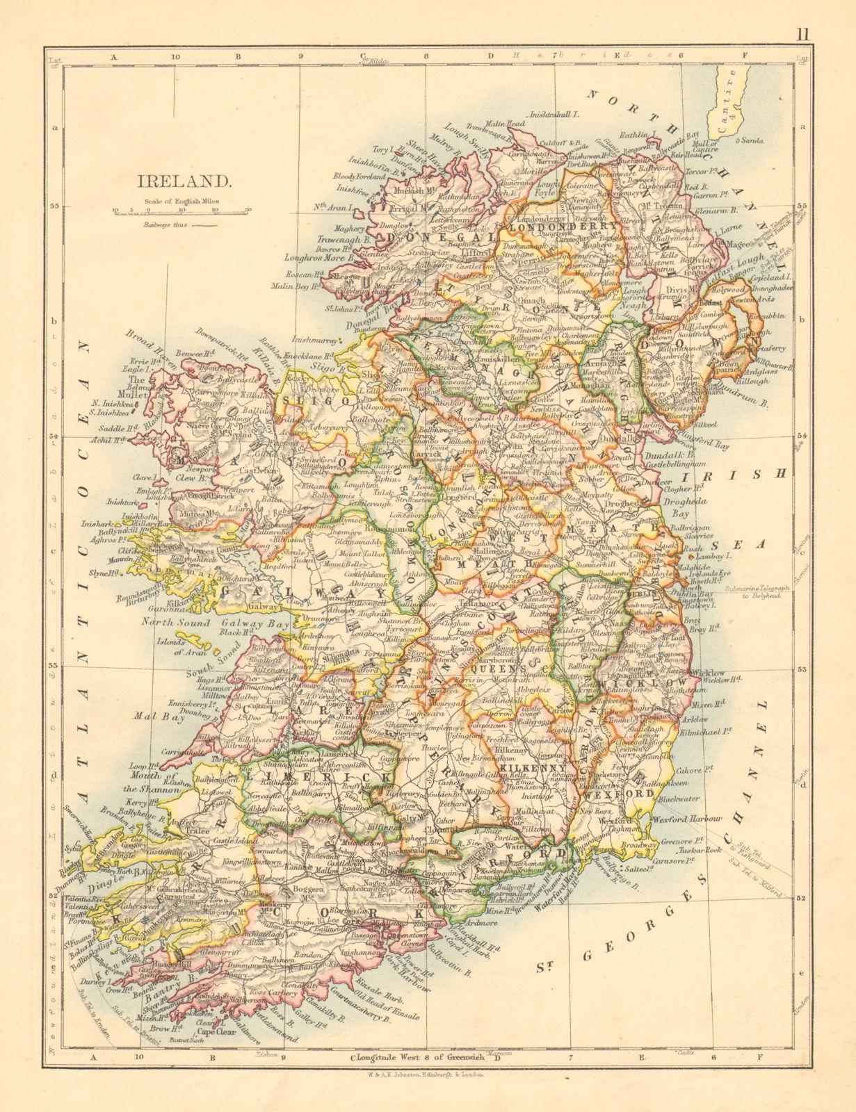 Associate Product IRELAND. Showing counties. Undersea telegraph cables. JOHNSTON 1897 old map