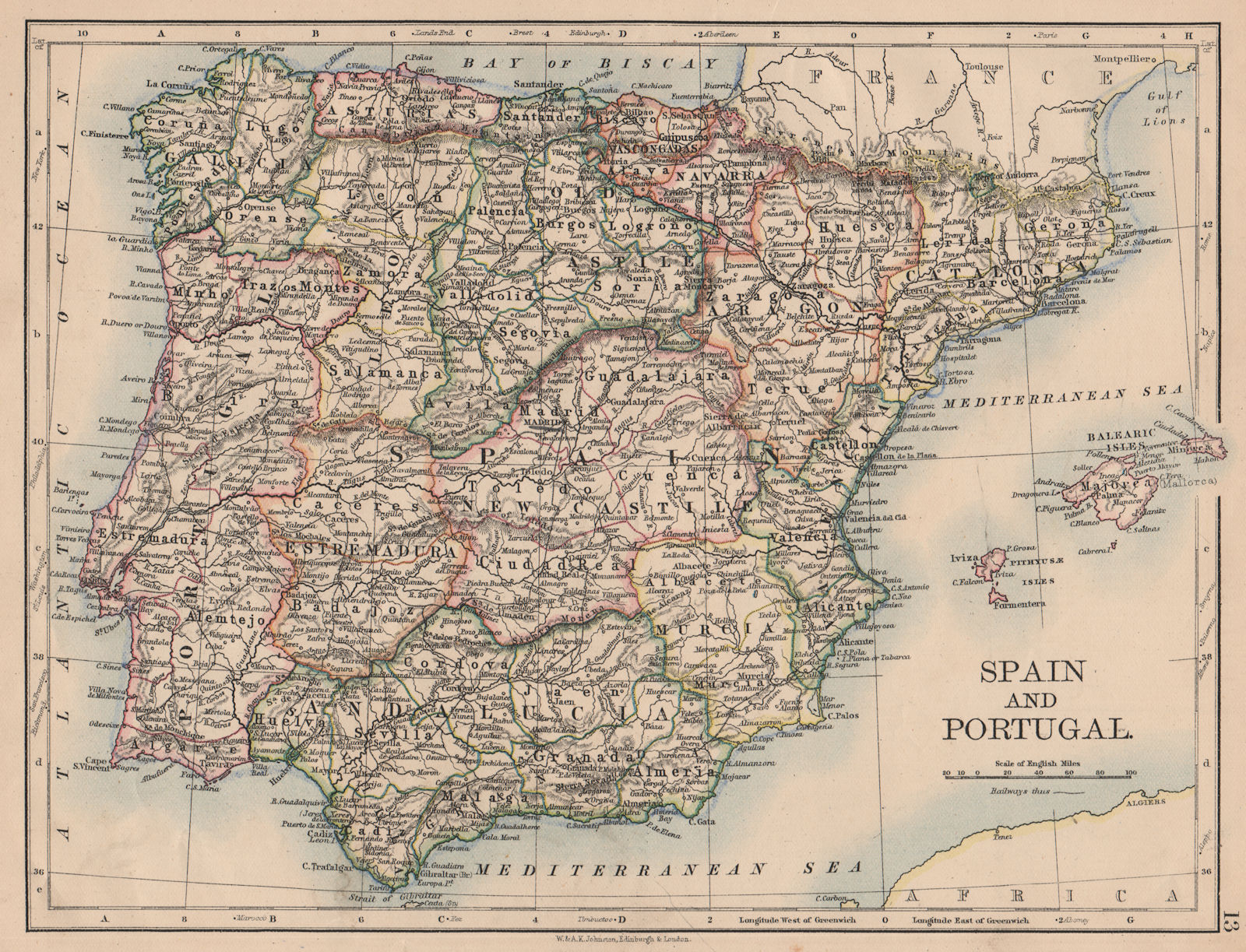 Associate Product SPAIN AND PORTUGAL. Iberia. Provinces railways. Balearics. JOHNSTON 1897 map