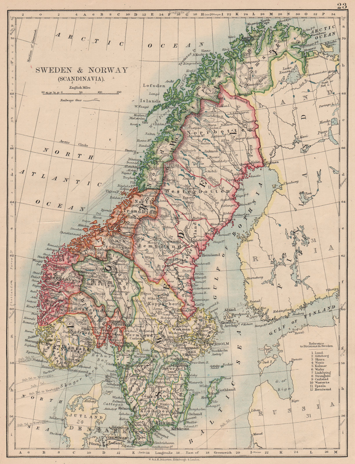 SCANDINAVIA. The United Kingdoms of Sweden and Norway. JOHNSTON 1897 old map