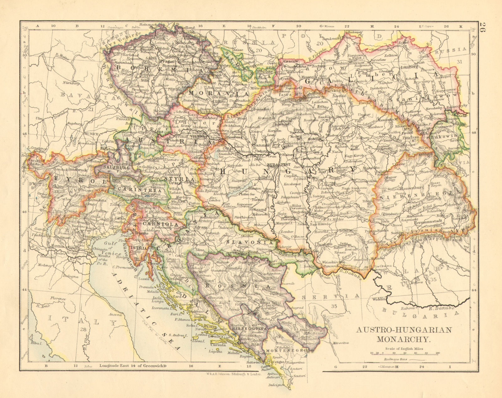 AUSTRO-HUNGARIAN MONARCHY. Moravia Carniola Bohemia. JOHNSTON 1897 old map