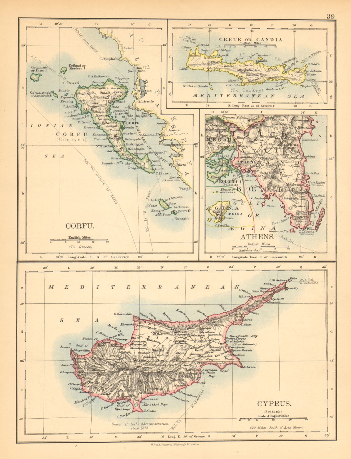 Associate Product ATHENS & GREEK ISLANDS. Corfu Crete Cyprus Candia.Greece. JOHNSTON 1897 map
