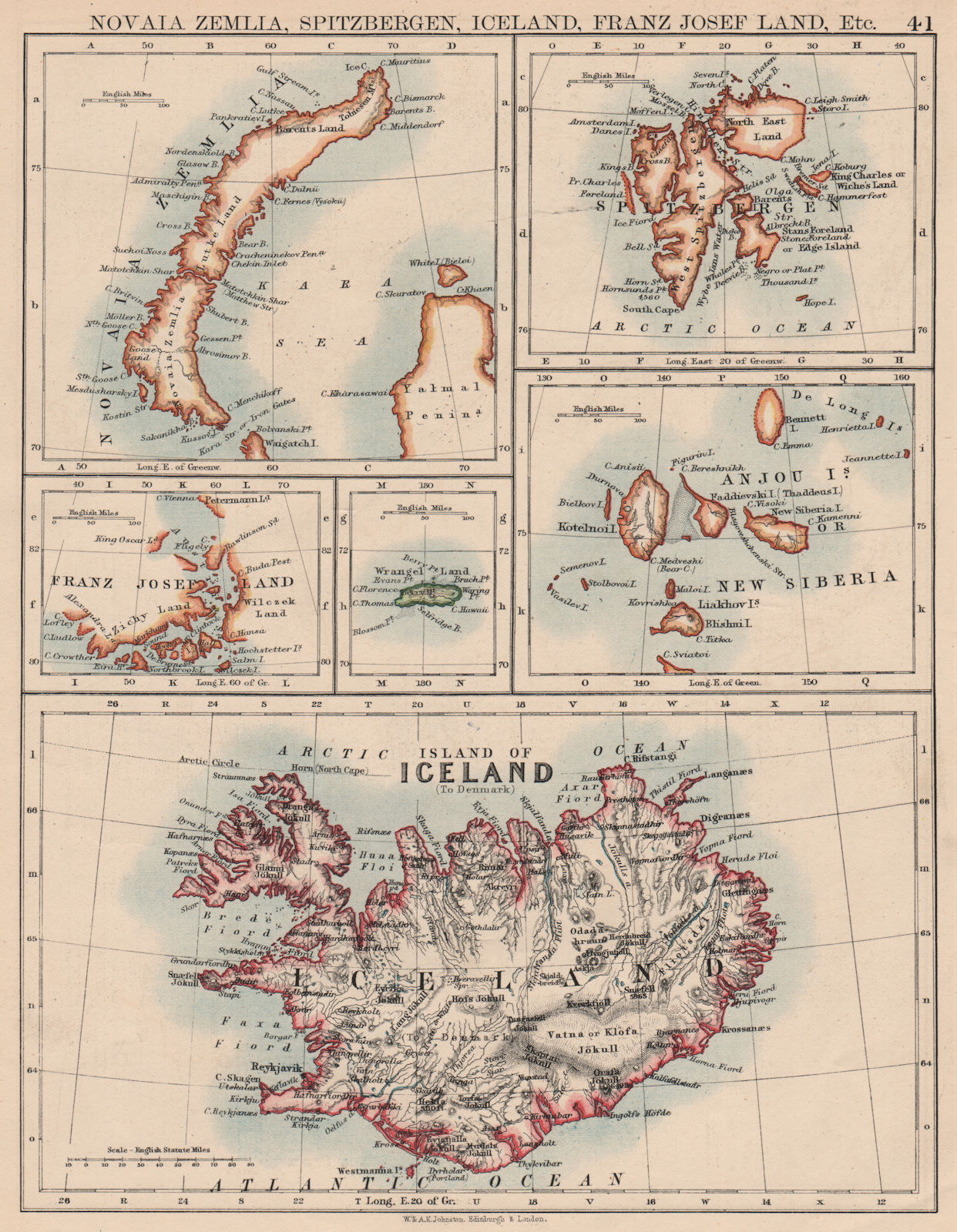 ARCTIC ISLANDS.Iceland Spitsbergen Franz Josef Land Novaya Zemlya 1897 old map