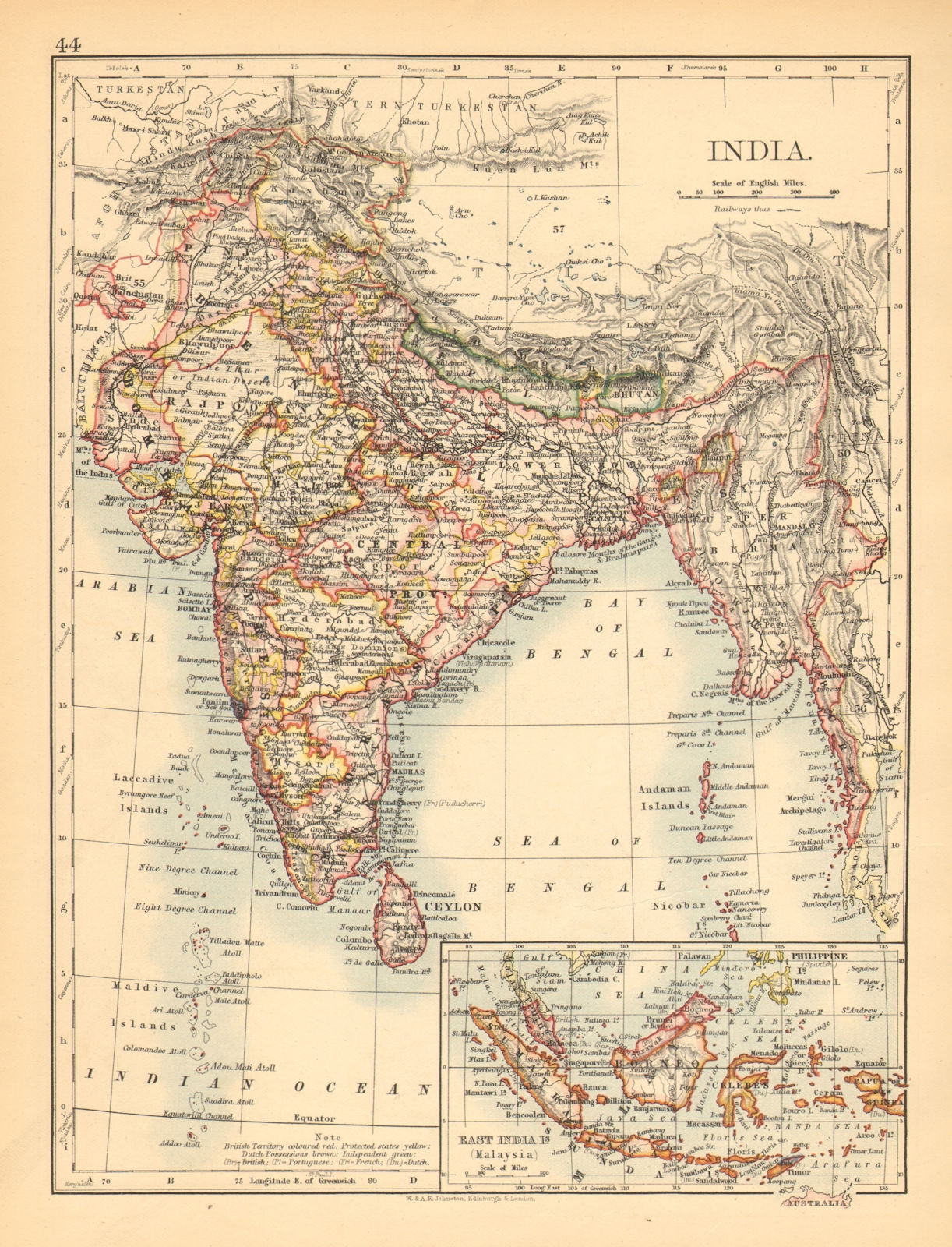 BRITISH INDIA. Showing states. Burma Nepal Bhutan Ceylon. JOHNSTON 1897 map