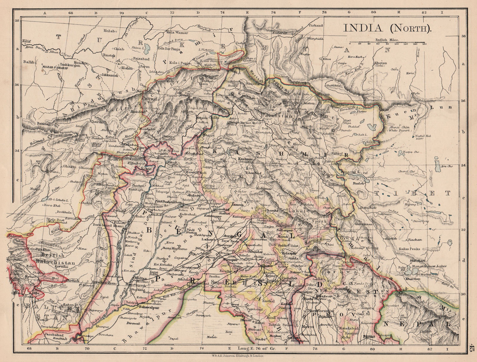 Associate Product BRITISH INDIA NORTH. Jammu Kashmir Punjab Himalayas. JOHNSTON 1897 old map