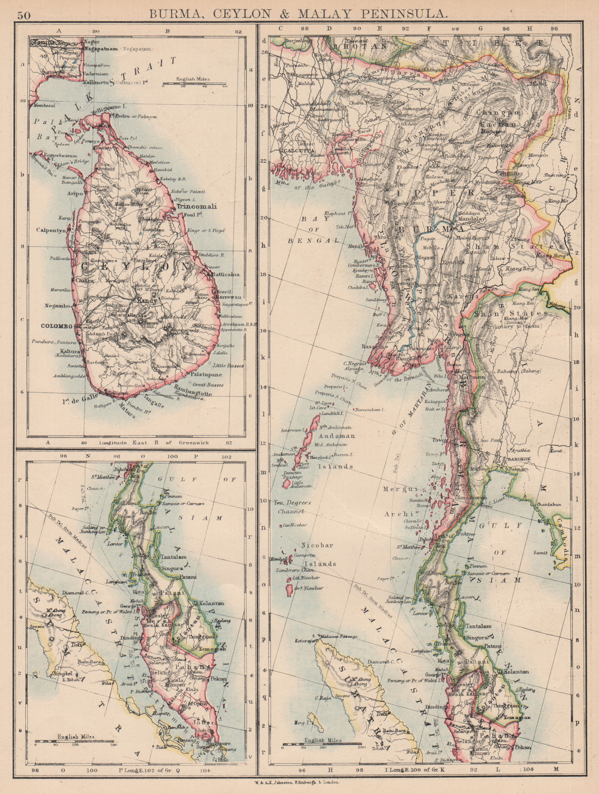 BURMA CEYLON MALAY PENINSULA. Straits settlements. Singapore. Siam 1897 map