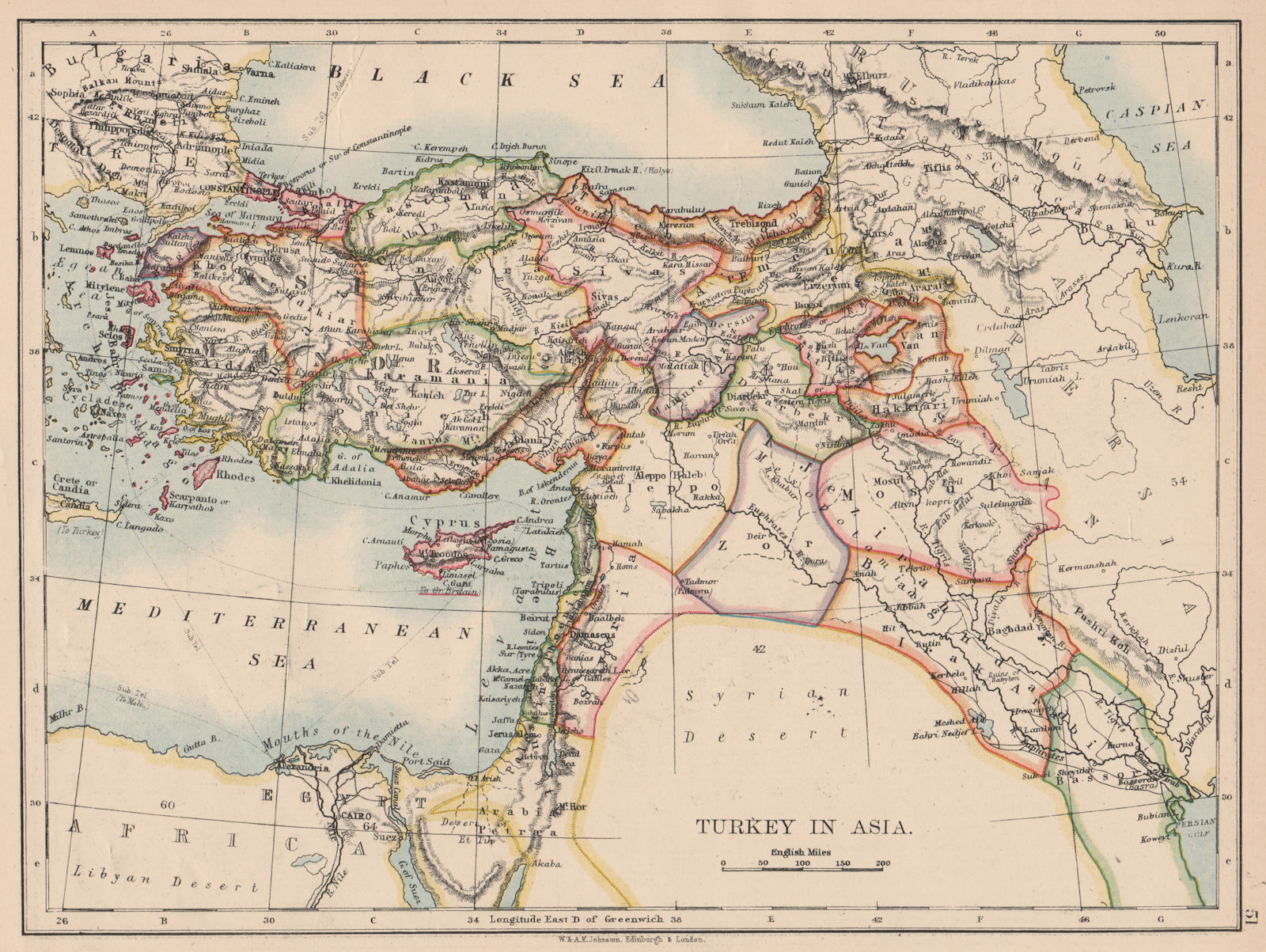 Associate Product OTTOMAN TURKEY IN ASIA. Cyprus Levant Mesopotamia Palestine. JOHNSTON 1897 map