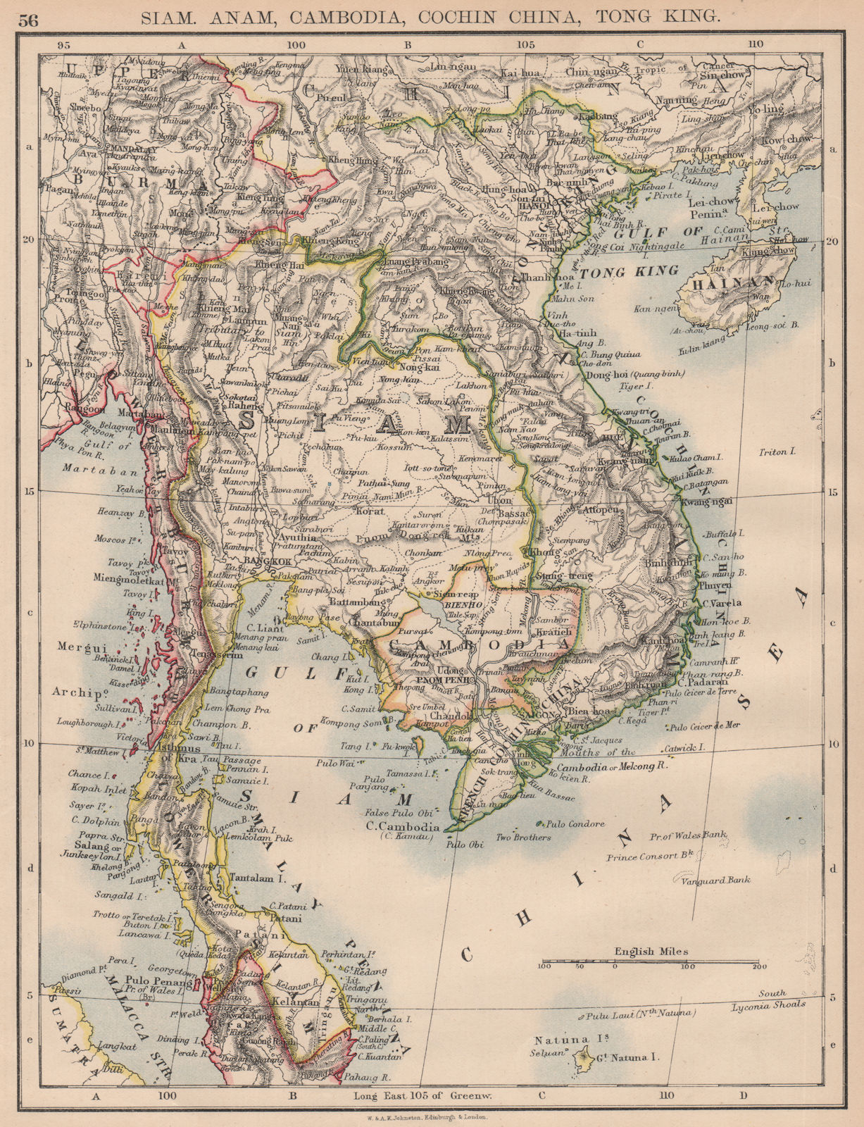 INDOCHINA.Siam Burma Cambodia Anam Tong King Cochin China. JOHNSTON 1897 map