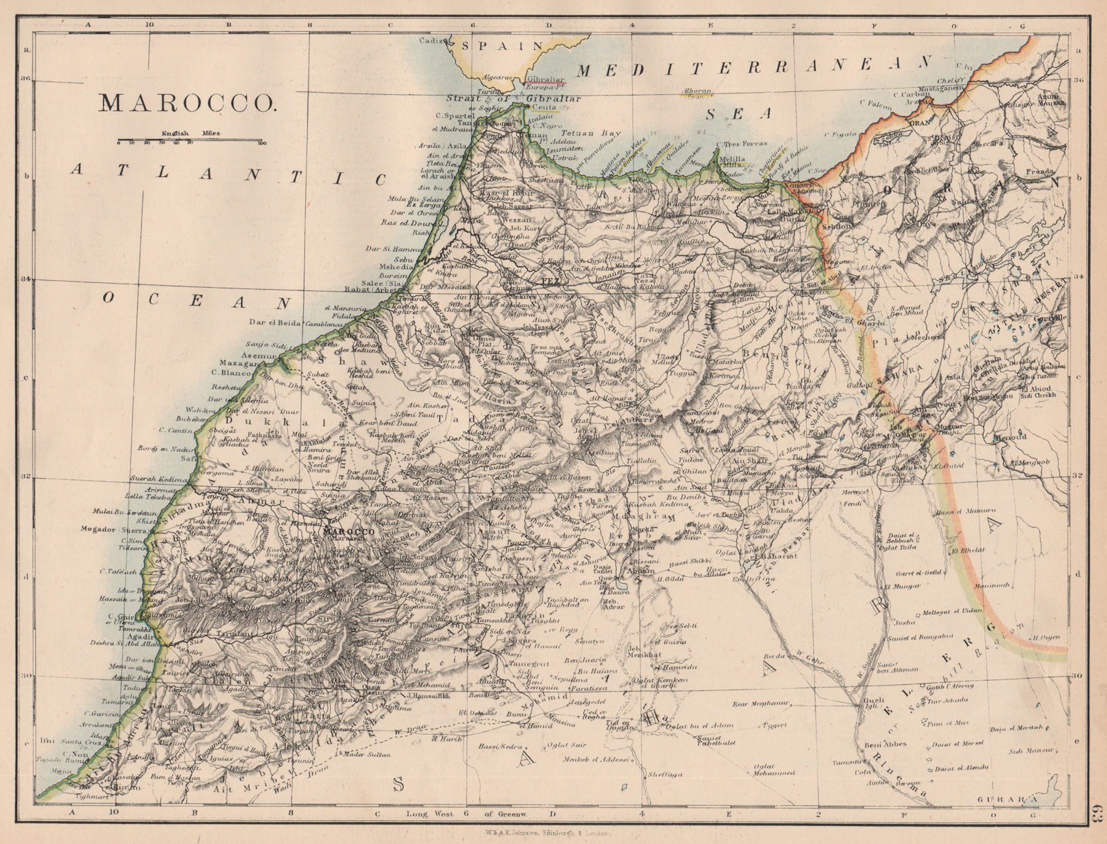 MOROCCO. Showing Atlas mountains rivers towns. Marrakech. JOHNSTON 1897 map