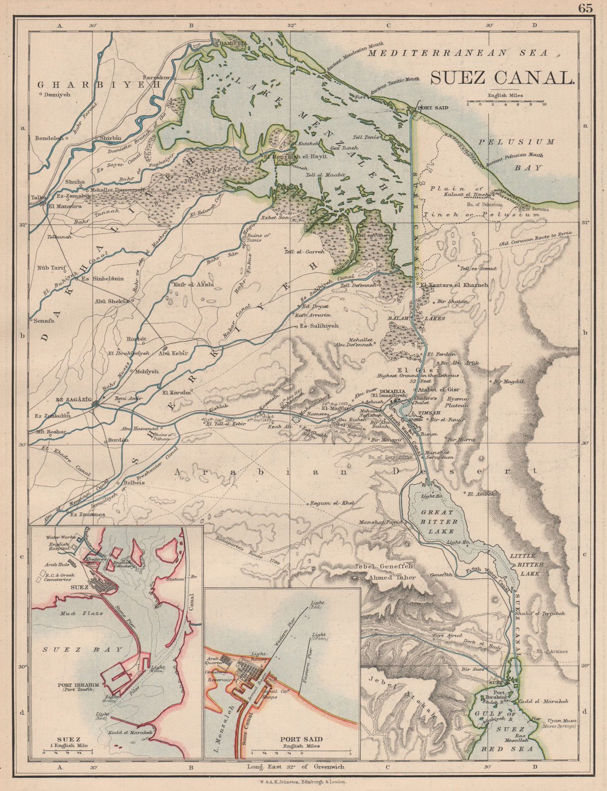 Associate Product SUEZ CANAL. Plan of the canal. Plans of Suez & Port Said. JOHNSTON 1897 map