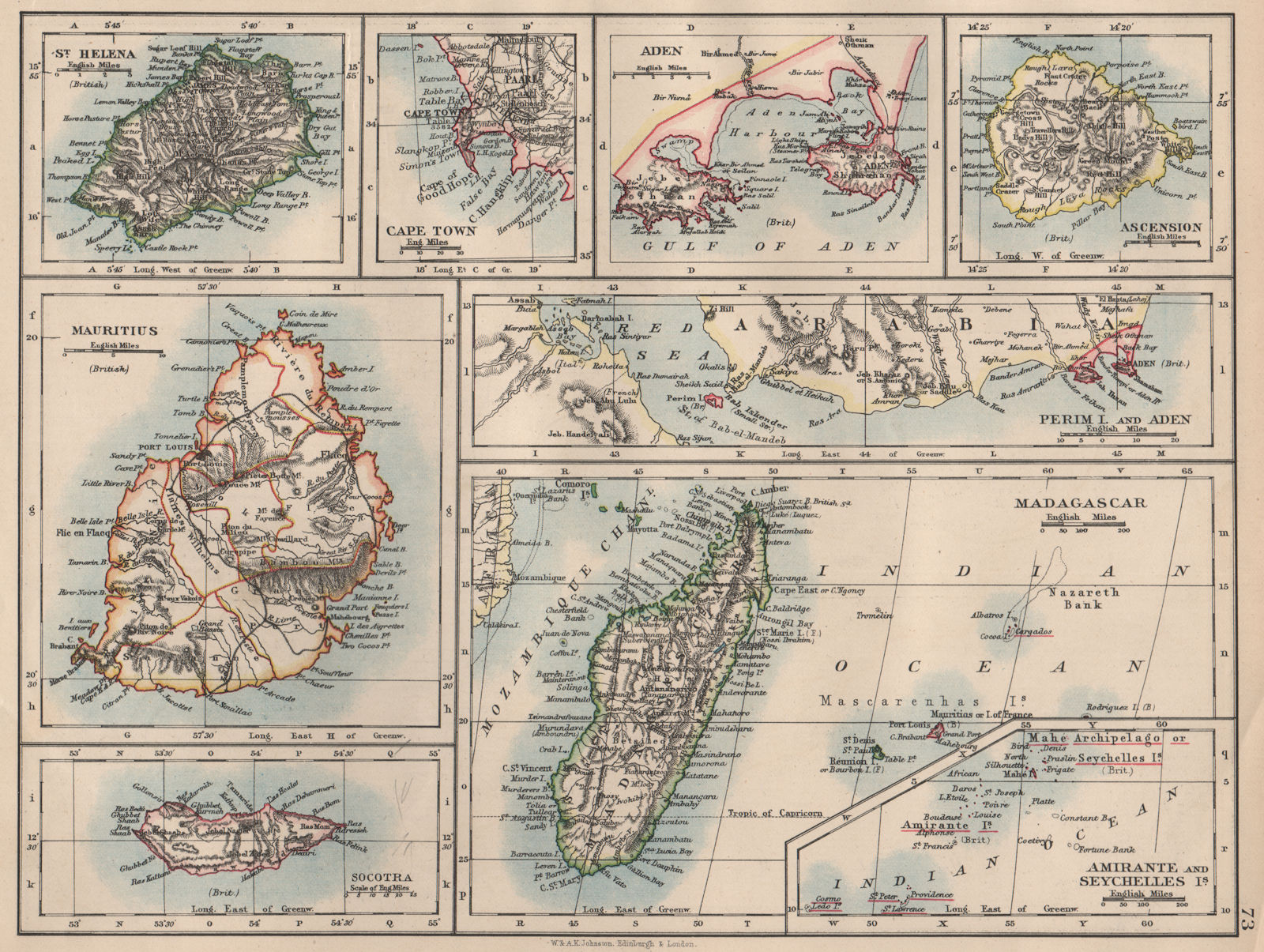 AFRICAN ISLANDS.Mauritius Madagascar Madeira Canaries St Helena 1897 old map