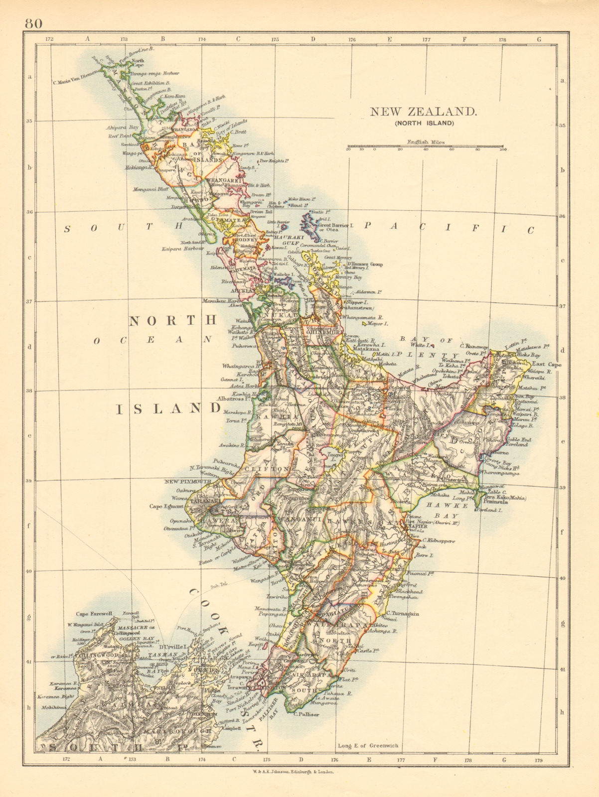 Associate Product NORTH ISLAND NEW ZEALAND. Showing counties telegraph cables. JOHNSTON 1897 map