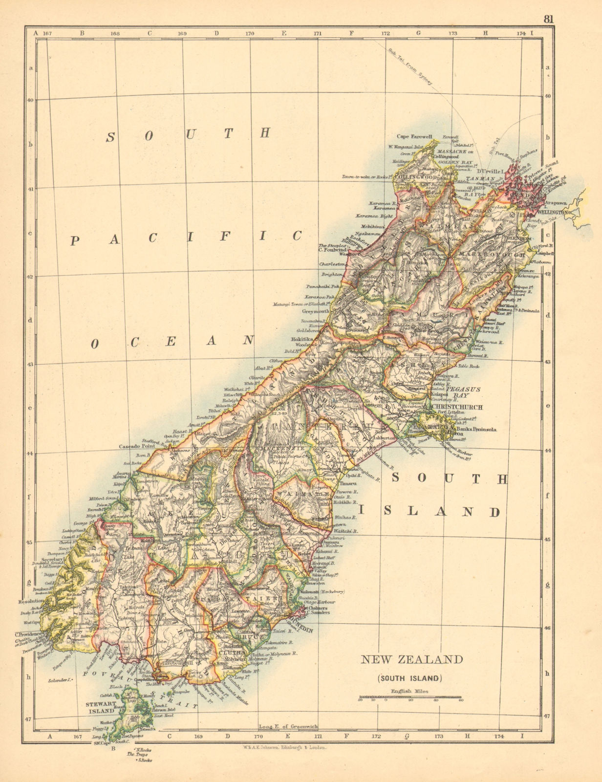 Associate Product SOUTH ISLAND NEW ZEALAND. Showing counties.Telegraph cables. JOHNSTON 1897 map