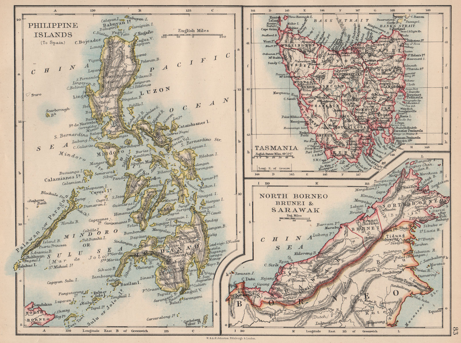EAST ASIA. Philippines Tasmania North Borneo Brunei Sarawak. JOHNSTON 1897 map