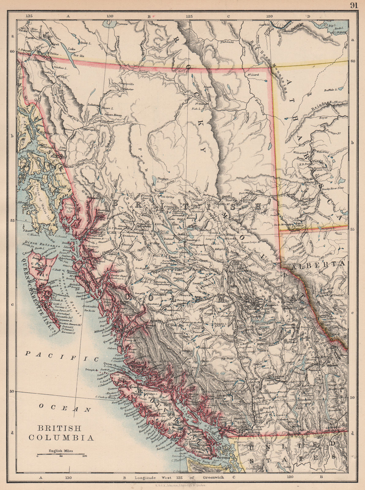 BRITISH COLUMBIA. Province map. Railroads. Vancouver island. JOHNSTON 1897