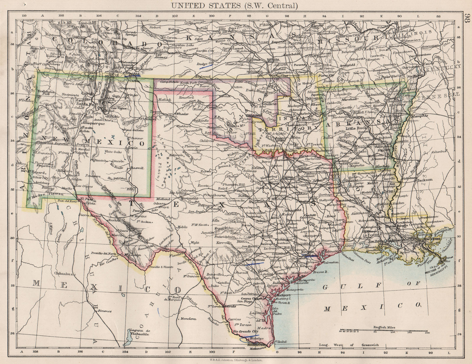 USA SOUTH CENTRAL. Texas "Indian Territory" OK AR LA NM. JOHNSTON 1897 old map