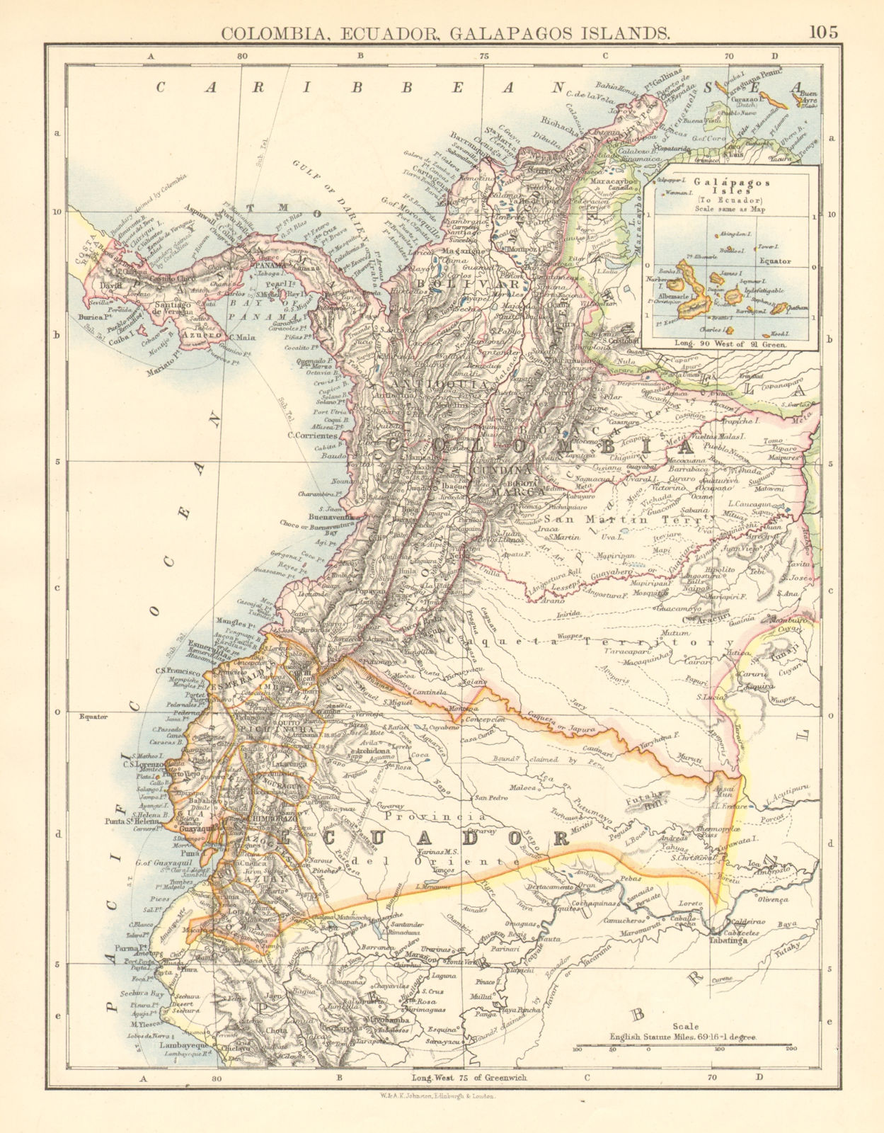 ANDEAN STATES. Colombia (inc. Panama) Ecuador. South America.JOHNSTON 1897 map