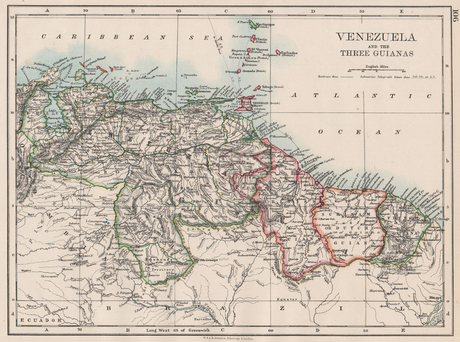 Associate Product VENEZUELA / GUIANAS. Suriname. British French Dutch Guyana. JOHNSTON 1897 map