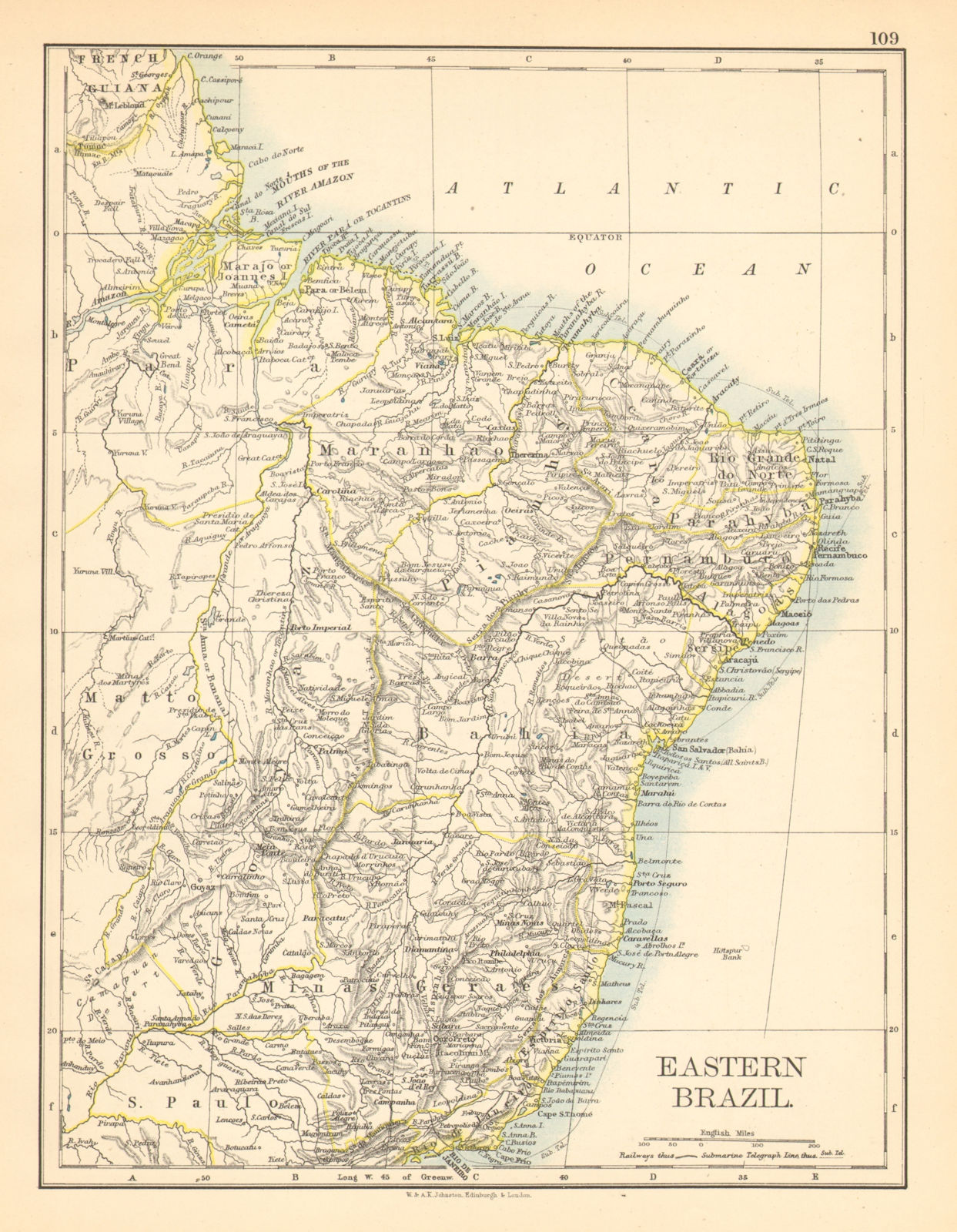 Associate Product EASTERN BRAZIL. Bahia Minas Gerais Pernambuco Marabhao. JOHNSTON 1897 old map