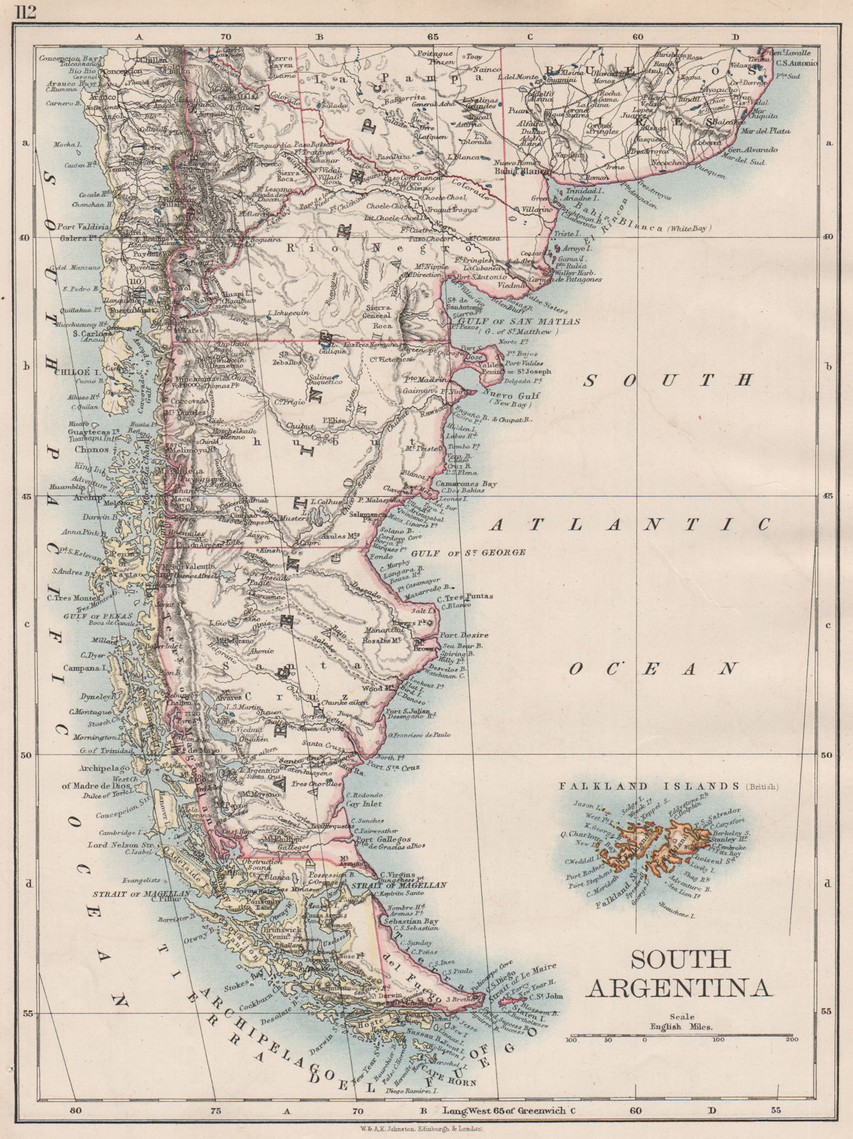 Associate Product PATAGONIA. Southern Argentina & Chile. Falkland Islands. JOHNSTON 1897 old map