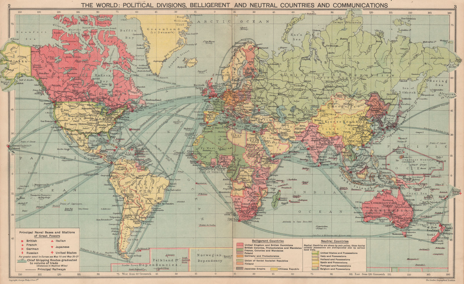 WORLD WAR 2. Neutral/Belligerent Naval bases Occupied Poland/Manchuria 1940 map