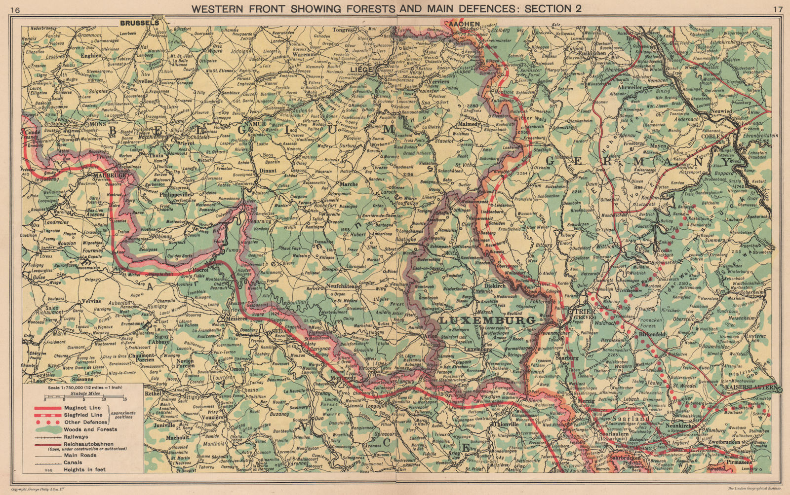 WORLD WAR 2. Siegfried & Maginot lines defences. Pre-invasion. Belgium 1940 map