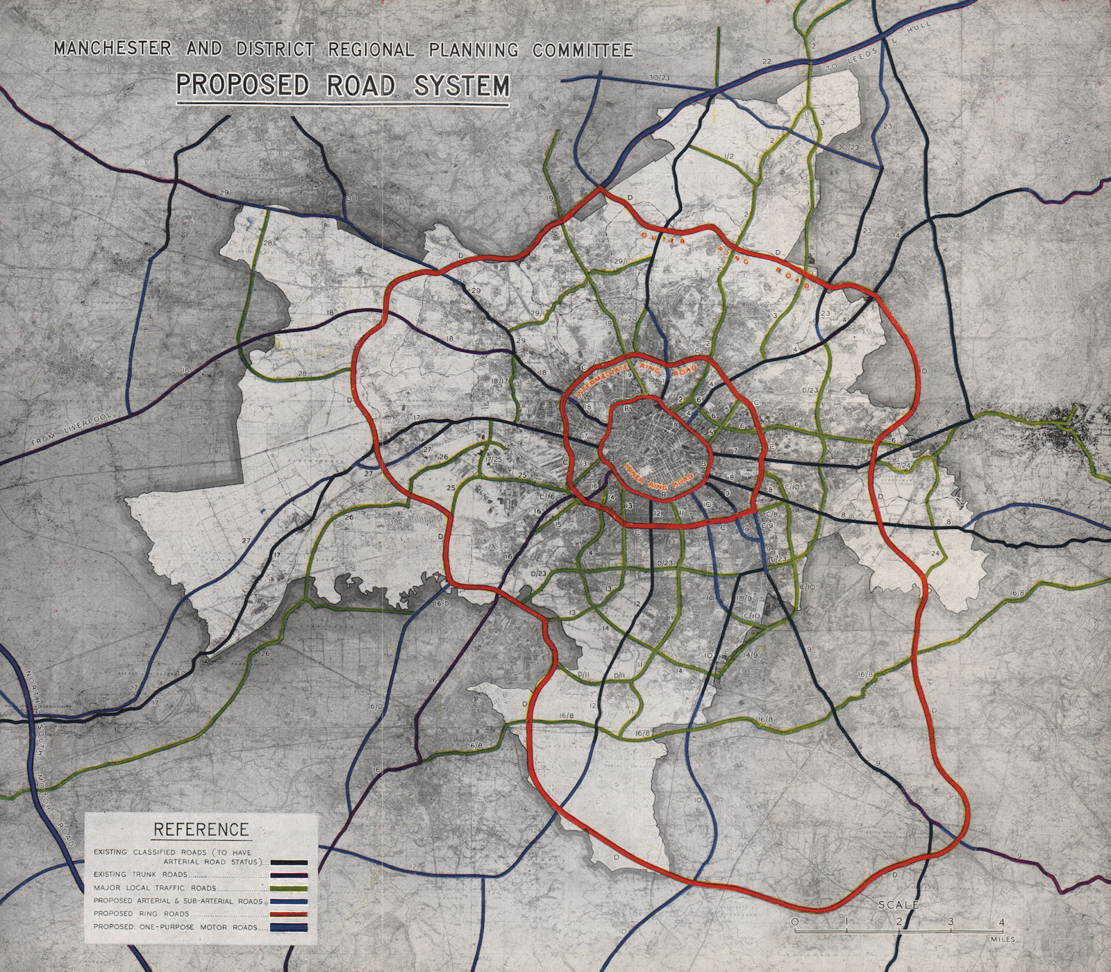 MANCHESTER PLAN 1945. Proposed Road System. Ring roads. Trunk roads 1945 map