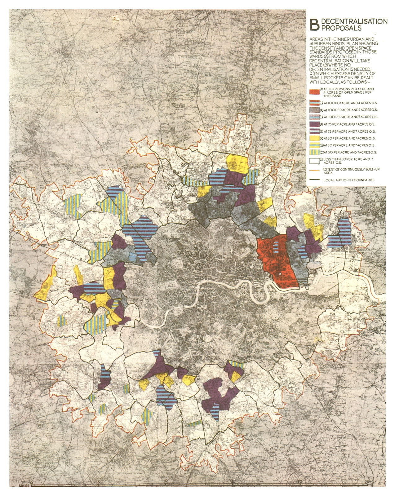 GREATER LONDON PLAN.Proposed density post decentralisation.ABERCROMBIE 1944 map