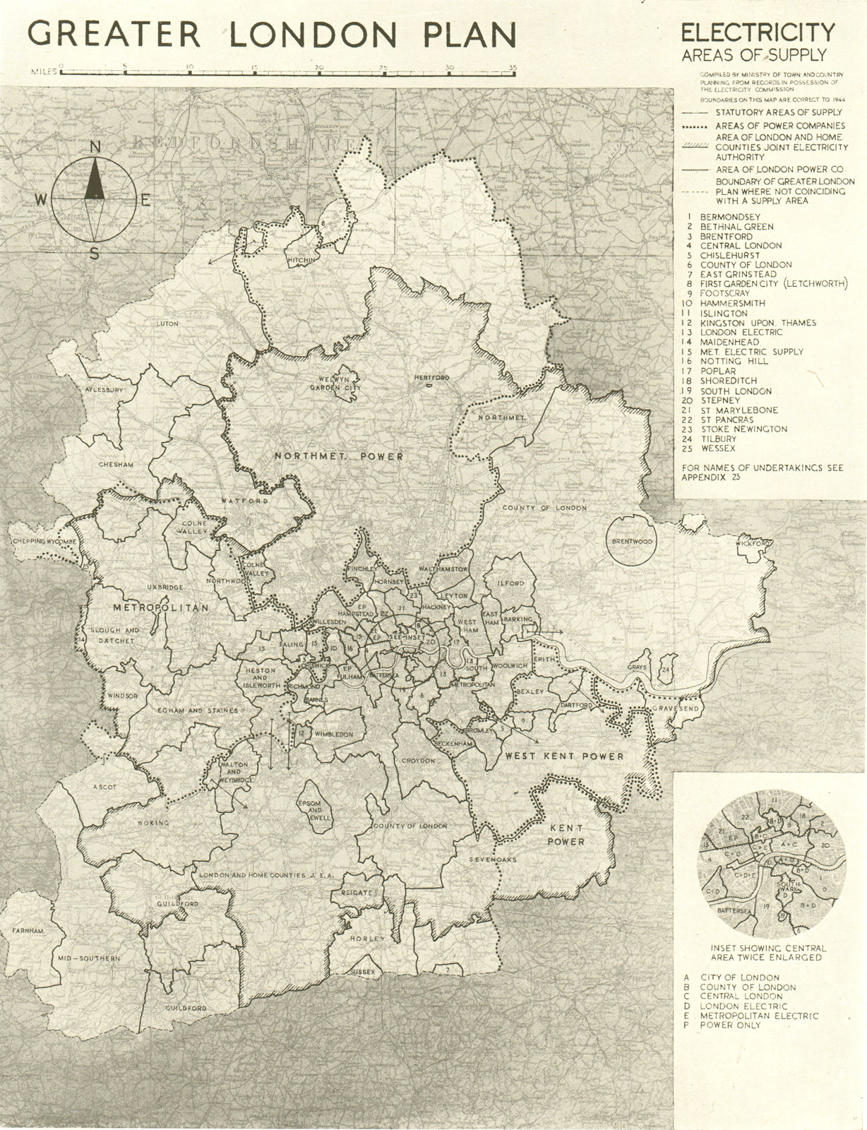 Associate Product GREATER LONDON PLAN. Electricity. Areas of supply. ABERCROMBIE 1944 old map
