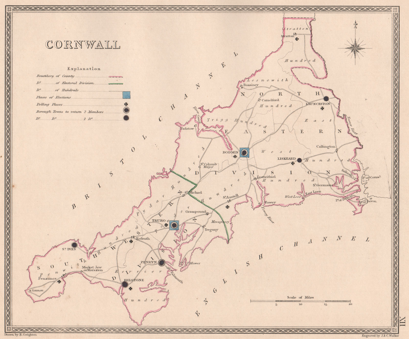 CORNWALL antique county map by CREIGHTON/WALKER. Electoral 1835 old