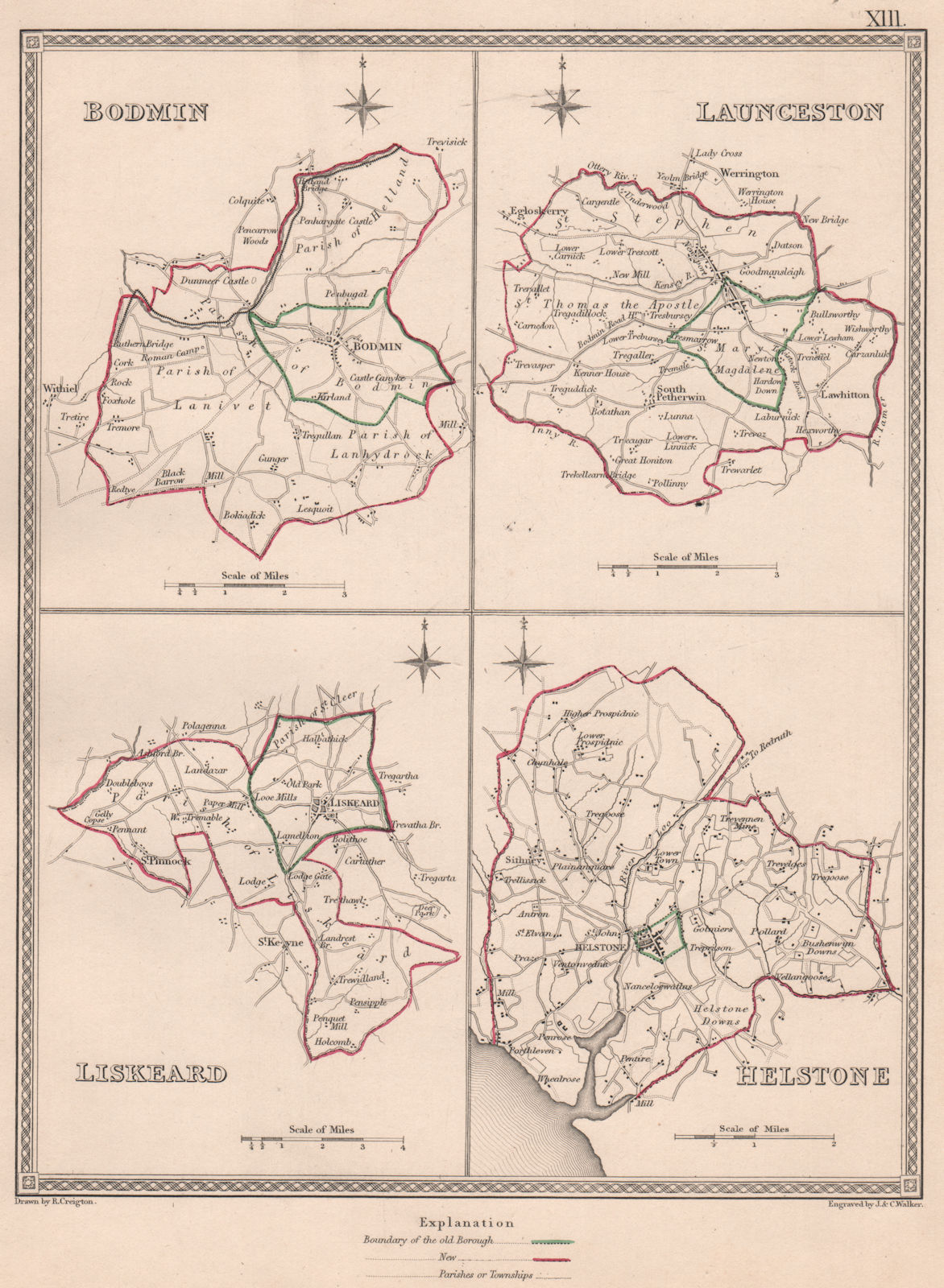 Associate Product CORNWALL TOWNS. Bodmin Launceston Liskeard Helstone. CREIGHTON/WALKER 1835 map