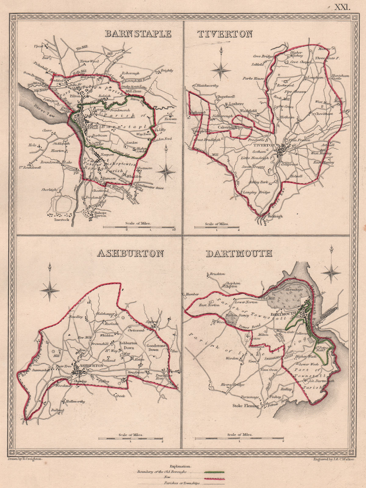 DEVON TOWNS. Barnstaple Tiverton Ashburton Dartmouth. CREIGHTON/WALKER 1835 map