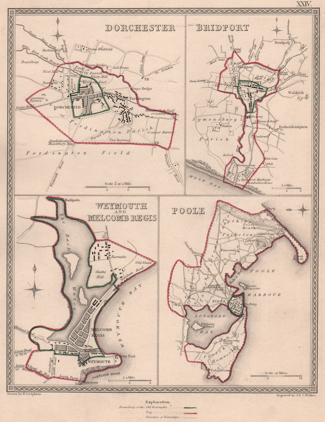 DORSET TOWNS. Dorchester Bridport Weymouth Melcombe Regis Poole plans 1835 map