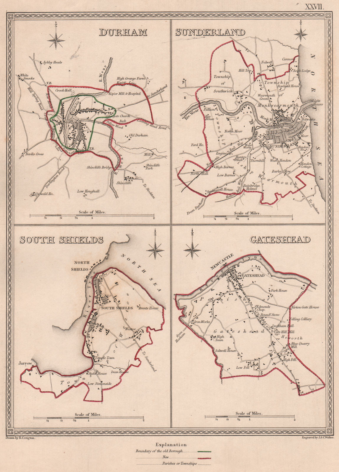 Associate Product DURHAM TOWNS. Durham Sunderland South Shields Gateshead. CREIGHTON 1835 map