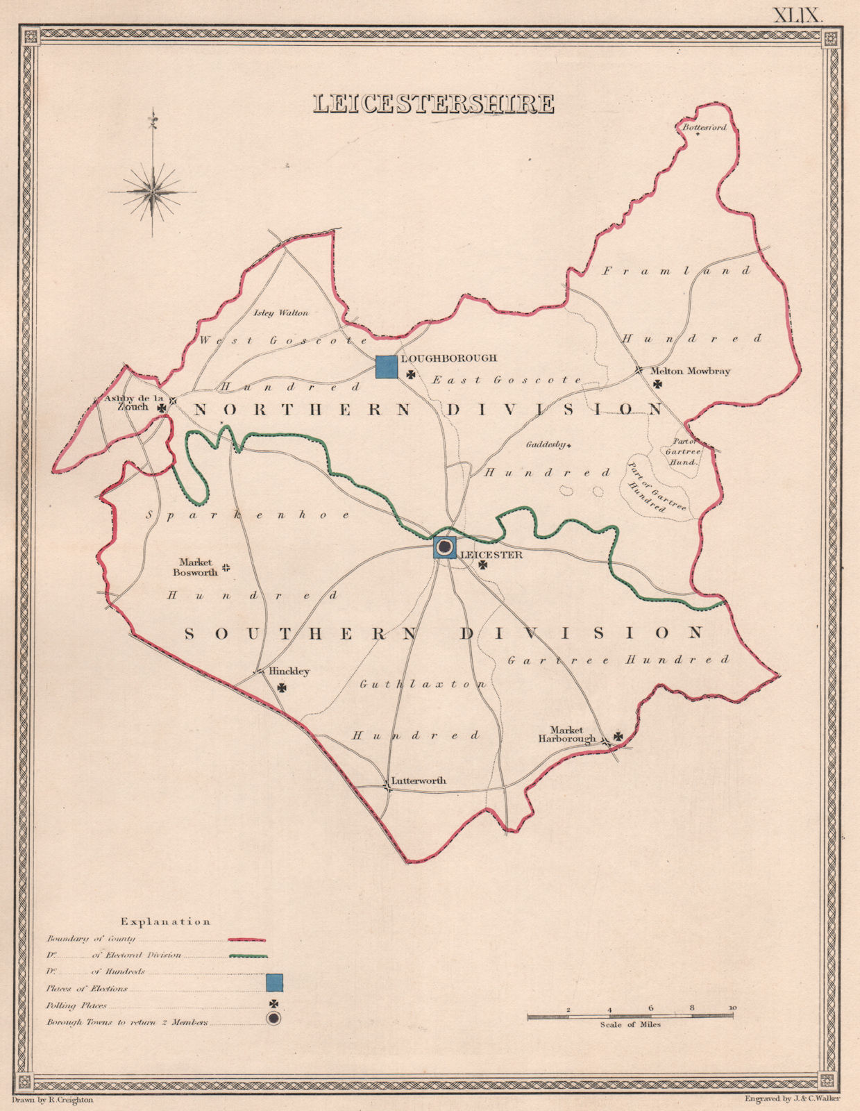 Associate Product LEICESTERSHIRE antique county map by CREIGHTON/WALKER. Electoral 1835 old
